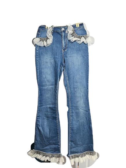 Shein High Waist Frill Contrast Mesh Flare Leg Ruffle Trim Tulle Detail Jeans - Picture 3 of 9